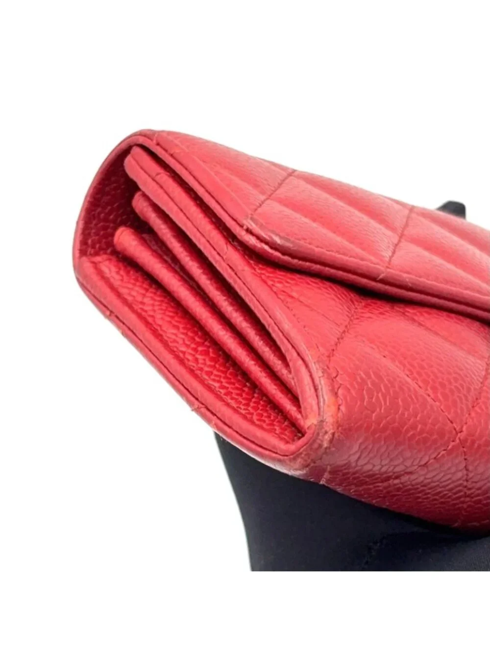 Chanel Quilted Caviar Leather Red Wallet Silver